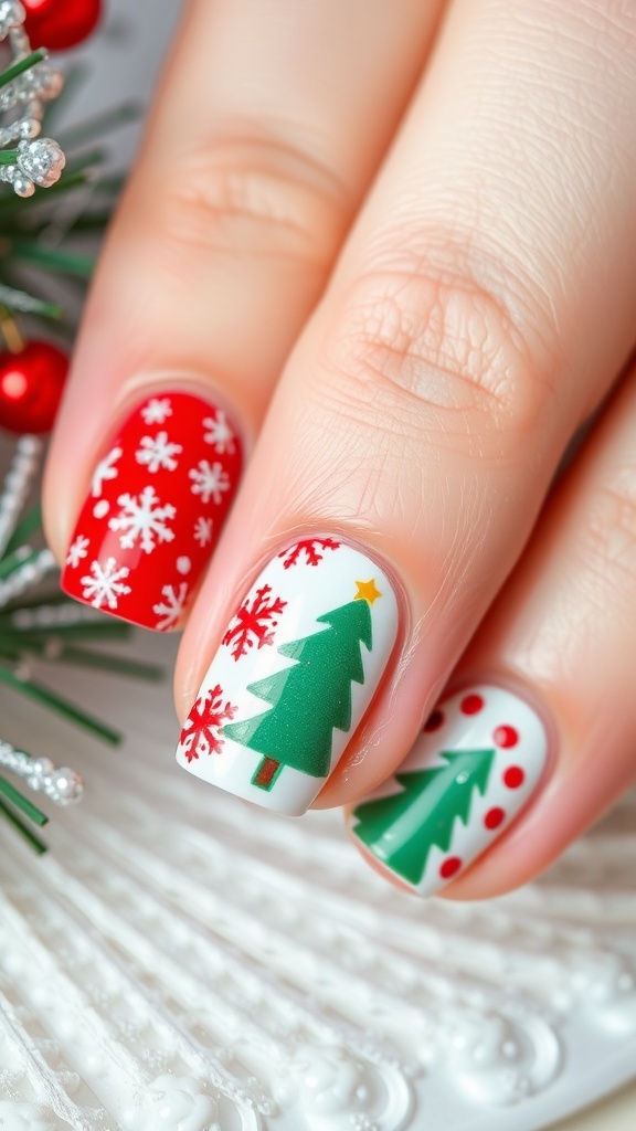 Close-up of Christmas-themed nail art with snowflakes and trees in red and green.